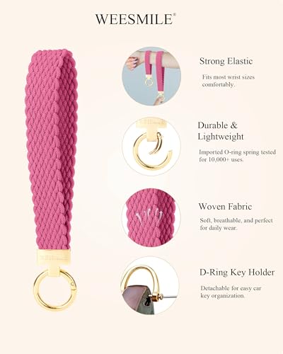 Image of WEESMILE Keychain Wristlet, Stretchy Key Chain for Car Keys with 2 Keyrings and D ring, Cute Wrist Lanyard for Women Men