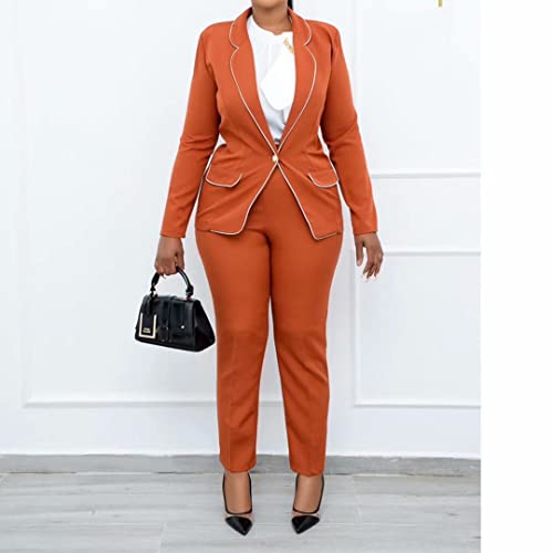 Women's Blazer Suits Two Piece Solid Single-Breasted Work Pant Suit For Women Business Office Lady Suits Sets Orange L #TOP2