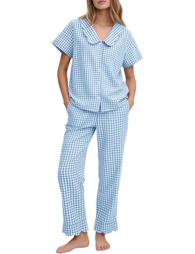 Image of Flygo Womens Gingham Pajamas Set Cotton 2 Piece Pj Set Scalloped Collar Babydoll Shirt Pants Plaid Y2K Lounge Sets