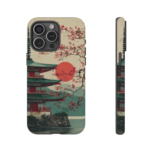 Coque iPhone 15 Pro Max pagode soleil rouge - Protection rigide mate motif japonais cerisier
