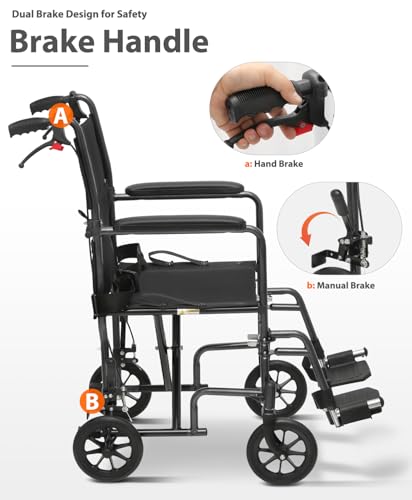 OS MOTOR Lightweight Foldable Transport Wheelchair with Handbrakes, 16\" Wide Seat for Adults Seniors Easy Transfers, 250lbs, Black