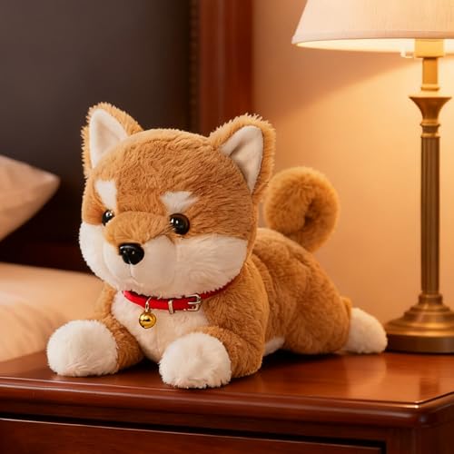 shjxi Hund Plüschtier - 38 Zentimeter Süßer Realistischer Welpe mit Einer Glocke,Liegende Hunde Kuscheltiere Realistisch,Für Babys Kleinkinder Geburtstag Weihnachten Halloween Interaktiv