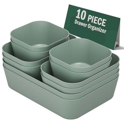 Plastic Drawer Organizers, 10 PCS Drawer Organizer Bins, Bathroom and Vanity Organizer Plastic Tray, Makeup organizer and storage for Makeup, Bedroom, Kitchen Gadgets Utensils and Office (Green)