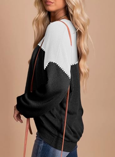 Image of Dokotoo Womens Tops Fashion 2026 Color Block Long Sleeve Shirts for Women Crewneck Knitted Casual Loose Blouses