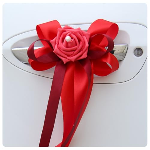 Pmnzdy Lot de 4 nœuds pour voiture de mariage - Fleurs en soie - Simulation de mariage - Ruban avec perles - Décoration de poignée de porte - Rétroviseur -...