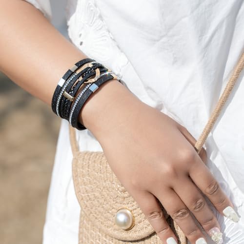 FANCY SHINY Boho Leather Wrap Bracelets Gold Circle Square Bead Braided Handmade Stackable Bracelet Trendy Cuff Bangle for Women4