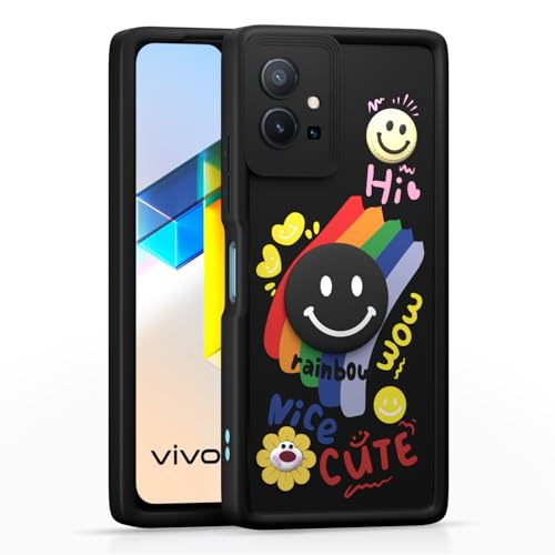 Image of Pikkme Back Cover for Vivo T1 5G / Vivo Y75 5G / iQOO Z6 5G | Soft Silicone| Cute Rainbow Smile & 3D Cartoon Flower Design | Shockproof Raised Camera Protection Bumper Case (Black)