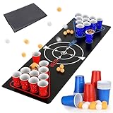 Set de Beer Pong para Fiesta y Adultos, Juego de Bebida Portátil con Mantel de Mesa, Vasos Reutilizables (500ML) Rojo y Azul y Pelotas de Ping Pong, Fácil de Limpiar para Camping, Cumpleaños y Bodas
