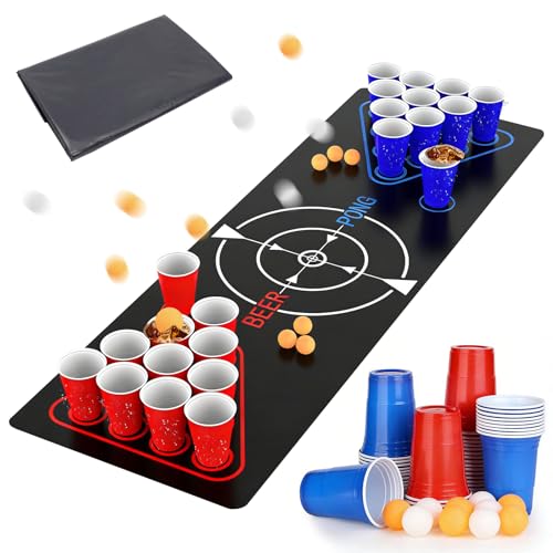 Tmefoy Set de Beer Pong pour Fête et Adultes, Jeu Alcool Adulte avec Tapis de Table, Gobelets Biere Pong Jeu, Facile à Nettoyer pour Camping, Anniversaire, Mariage