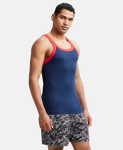 Image of Jockey US27 Men's Super Combed Cotton Rib Square Neck Gym Vest (Shoulder Strap Color May Vary) Navy & Red Pepper M
