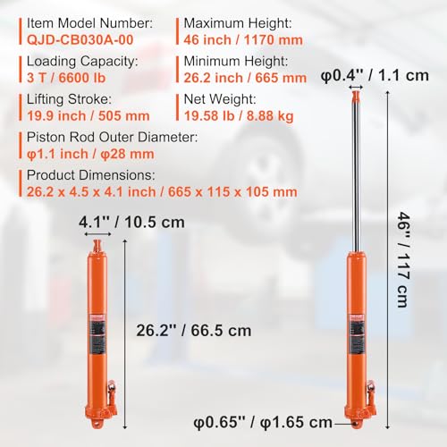 VEVOR Hydraulic Long Ram Jack, 3 Ton Engine Hoist Cylinder with Single Piston Pump and Clevis Base, for Engine Lift Hoists, Garage/Shop Cranes, Mechanical, Farm by VEVOR - Image 7