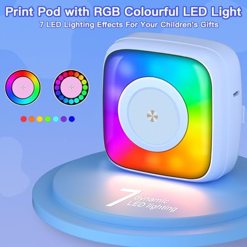 Image of Mini Printer Sticker Printer Print Pod with 6 Rolls Sticker Paper, Seven Color Lighting Modes for DIY Scrapbook, Travel, Notes, Label, Memo, Compatible with iOS&Android