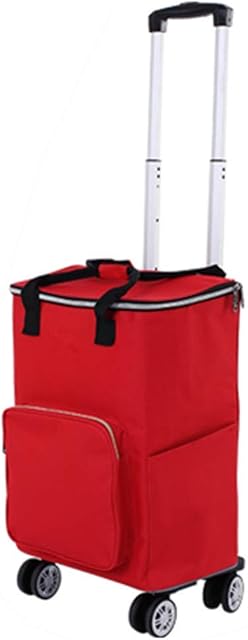 Falytemow Collapsible Utility Cart with Insulation Bag Foldable Reusable Shopping Trolley Bag with Wheels and Telescoping Handle Waterproof Oxford Fabric Folding Grocery Cart (Red)