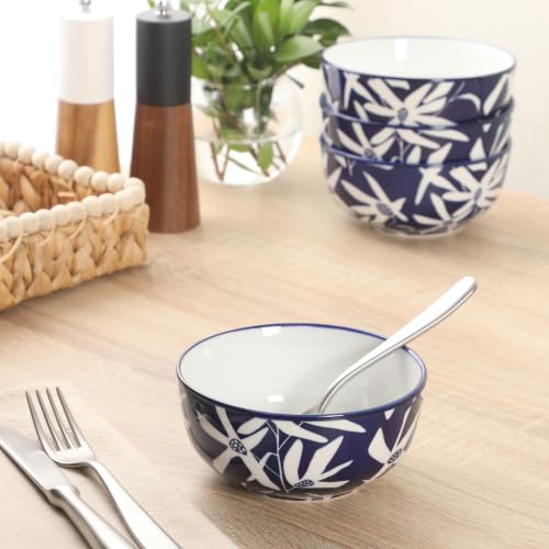 Image of Gibson Home Ivory Estate 4-Piece Cereal Bowl Set, 5.5 Inch Round Stoneware Bowls, Blue & White Floral Pattern, Assorted Decorative Designs