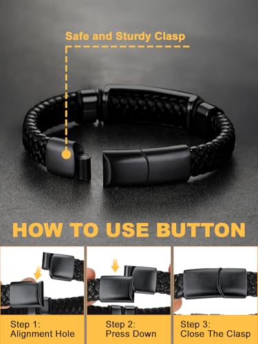 U7 Mens Leather Bracelet with Stainless Steel Clasp, Leather Cuff Bracelet in Skull or Wrap Style Black Bracelets for Husband4