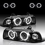 Autozensation Compatible with 1992-1998 BMW E36 3-Series 2dr Coupe/4dr Sedan, Left + Right Pair Headlamps Assembly, Dual Halo Black Projector Headlights