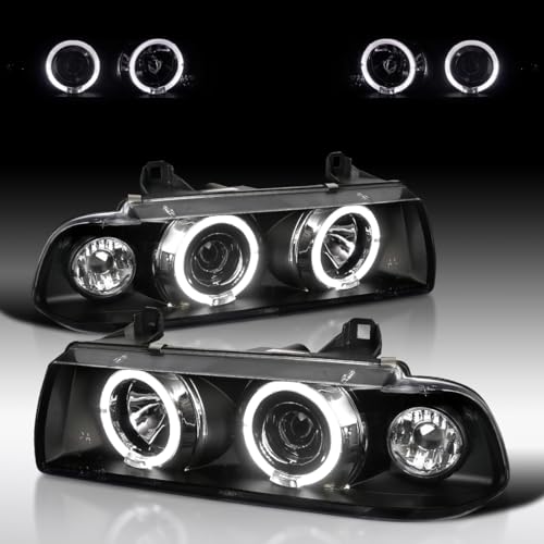 Autozensation Compatible with 1992-1998 BMW E36 3-Series 2dr Coupe/4dr Sedan, Left + Right Pair Headlamps Assembly, Dual Halo Black Projector Headlights