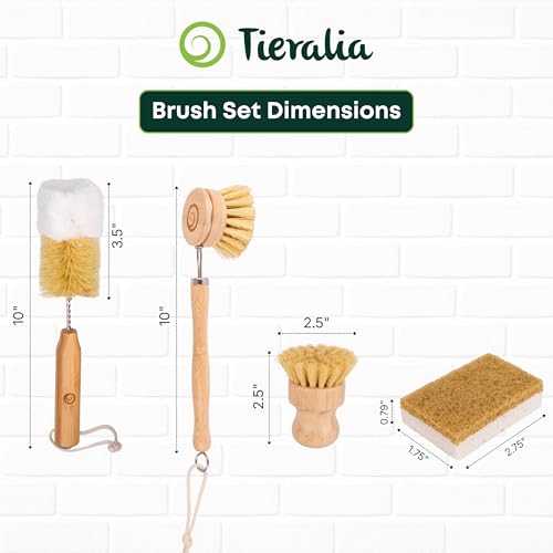 Image of Tieralia Bamboo Dish Brush Set 5 Piece - Eco Friendly Kitchen Cleaning Kit with Bottle Brush, Long Dish Brush, Palm Scrubber & 2 Plant-Based Sponges | Plastic-Free Natural Dish Scrubber