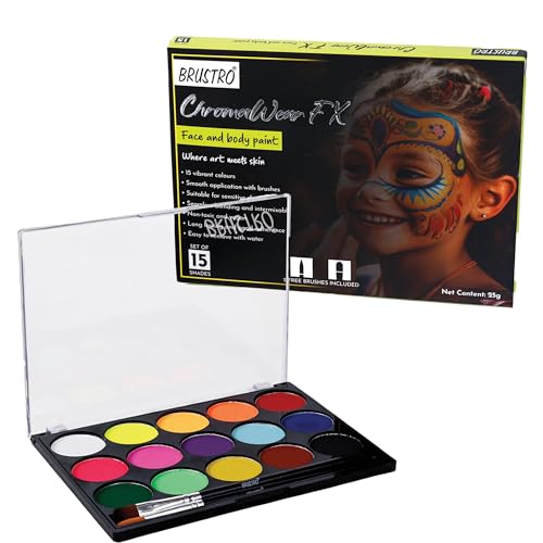Image of Brustro ChromaWear FX Face & Body Paint| 25g,Set of 15 Vibrant Shades|Includes 2 Free Brushes,Skin-Safe,Non-Toxic,Vegan|Face Art,Cosplay,Festivals and Stage Play for Adult and Kids