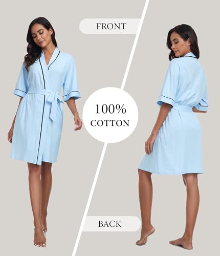 Image of ANLIQI Womens 100% Cotton Robes Lightweight Summer Short Sleeve Lady Bathrobe Knee Length Kimono Robe Sleepwear with Pockets