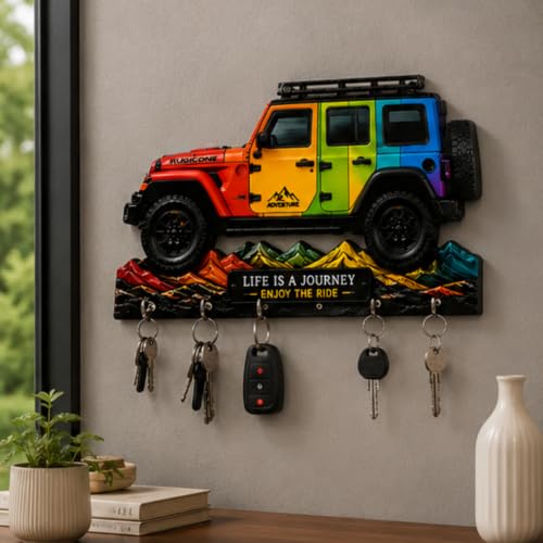 Image of Webelkart Premium HD UV Printed Mahindra Thar Car Shape Designer Wooden Key Holder Home and Office Decor (11 X 6 Inch, Wood) (Yellow-1)