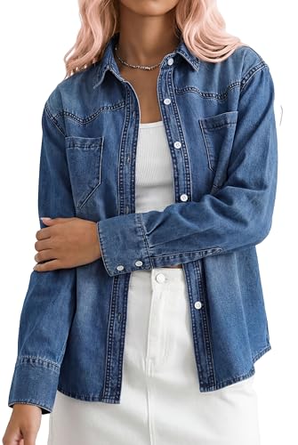 ZMTUO Women's Denim Button Down Shirts Oversized Long Sleeve Double Pocket Jean Shirt