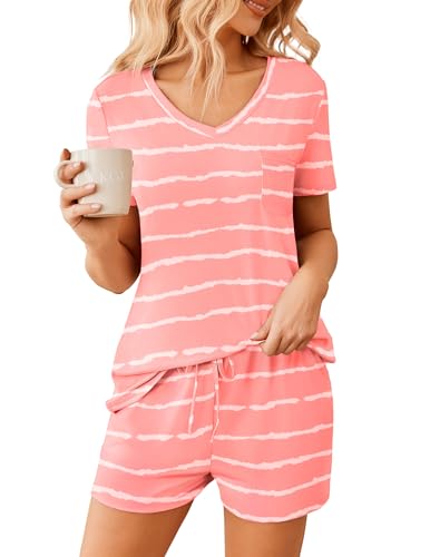 Image of Ekouaer Womens Pajama Sets Short Sleeve Pajamas for Women Sets Soft Lounge Sets Casual V Neck Sleepwear PJS