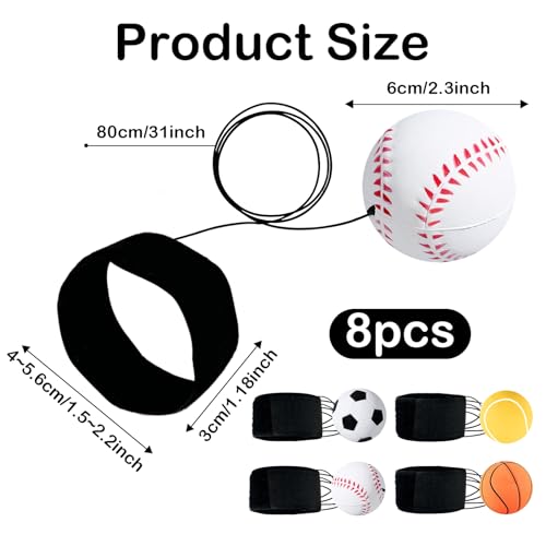 QHSXMQ 8 Stück Springball mit Schnur, Ø 6cm Handgelenk Ball Mit Schnur, Balls mit Gummiband für Kinder, Jumper Balls mit Schnur Fußball, Basketball, Baseball, Softball