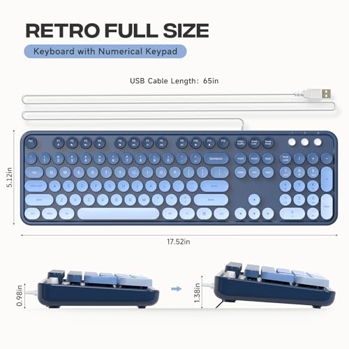 Image of MOWUX Computer Keyboard Wired, Plug and Play USB Retro Round Typewriter Keyboard, Full Size Wired Keyboard with Foldable Stands for Laptop and Office PC- Sea Blue Gradient