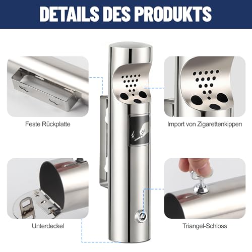 Aschenbecher Wandmontage Edelstahl, Wandaschenbecher für Draußen, Standaschenbecher mit Schloss für Terrasse Pub Bar Büro Hotel Restaurant (Silber)