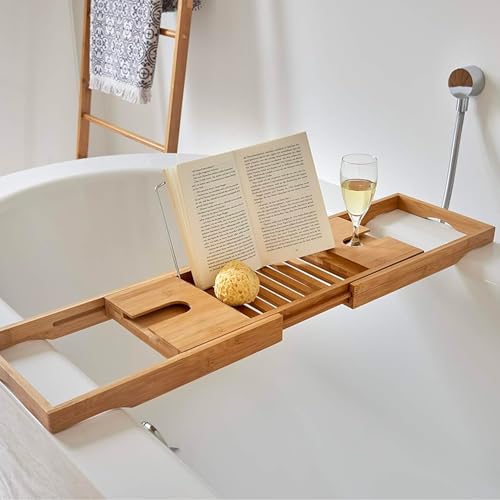 Tablette baignoire bois extensible Wintem porte-gobelet porte-objets salle de bain - 6