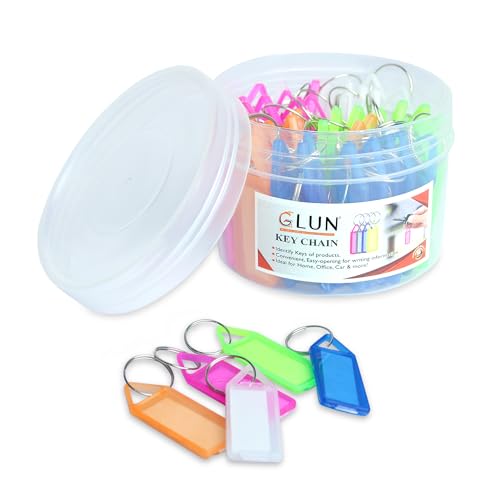GLUN® Pack of 50 Multicolor Keyring & Keychain with Name Tag Labels Plastic Multicolor Assorted Keychain with Two Side Id Label and Split Ring for Office, Home Key