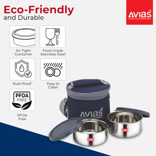 Image of AVIAS Freshia Stainless Steel Lunch Box /Horizontal Tiffin Box / 4 Containers /Round Tiffin Box /Light-Weight Boxes /Air-Tight Lids /Horizontal Lunch Box for Office / 200ml, 200ml, 300ml, 300ml
