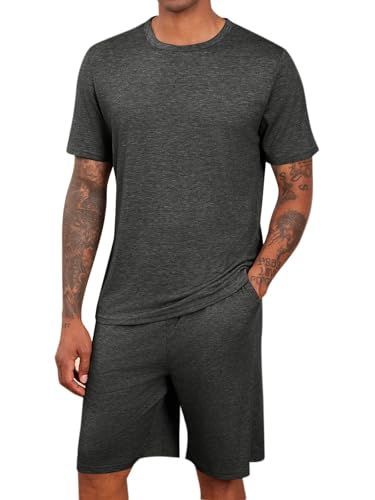 Runcati Schlafanzug Herren kurz Sommer Pyjama Sets mit Rundhalsausschnitt Kurzarm T Shirts und Shorts 2-Teiliges Lounge Sets Nachtwäsche Dunkelgrau...