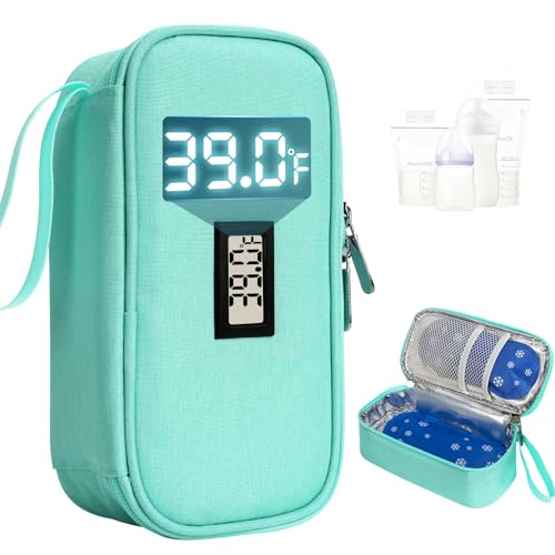 YOUSHARES Bolsa de viagem térmica para leite materno com termômetro digital, pequeno armazenamento de leite para bebê isolado com 2 pacotes de gelo, creche e mães em movimento (verde claro)