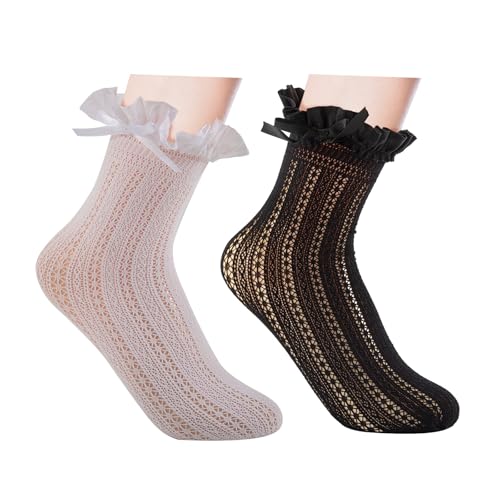 Image of Womens Lace Ankle Ruffle Socks - Lace Ruffle Frilly Mesh Cute Princess Ankle Dress Lace Bow Lace Socks for Girl,2 Pack