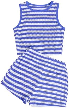 Hilinker Womens Crochet 2 Piece Short Sets Striped Sleeveless Cro...