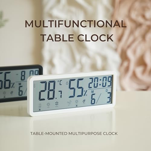 Image of Dewire Multifunctional Temperature & Humidity Hygrometerwith Digital Clock - Large Display with Hot /Cold /Wet /Dry Indicators, 12 /24H Time, Date, Wall /Table Mount - White