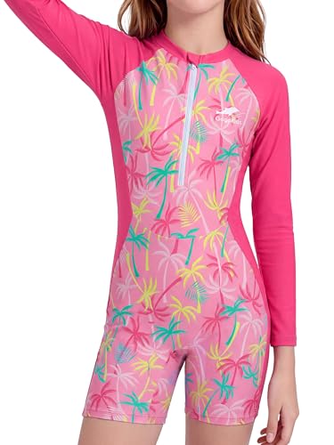 Gogokids Girls Swimsiut Size 9-10 One Piece Rash Guard Suits Bathing Suit Front Zipper Long Sleeve UPF 50+ Sun Protection Swimwear,Hotpink Coconut Tree
