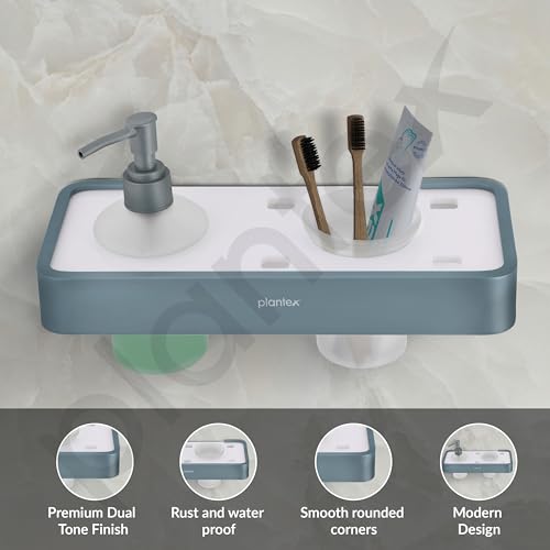 Image of Plantex Aluminium and Acrylic 2 in 1 Shampoo Dispenser with Toothpaste Holder /Liquid Soap Dispenser with Tumbler Holder /Bathroom Accessories - (Grey and Milky White)