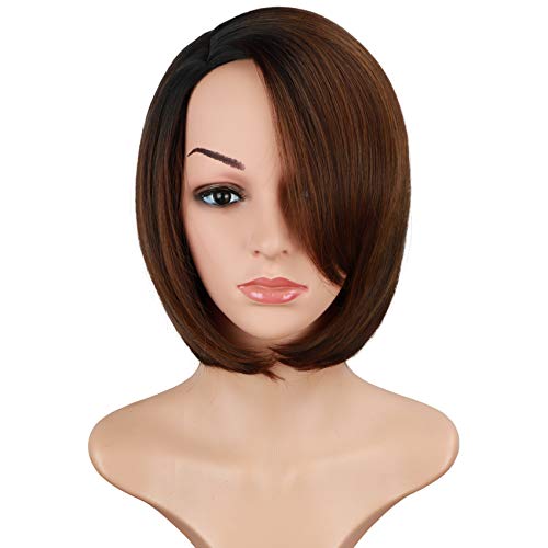 Ombre Brown Bob Wigs With Bangs For Black Women Side Part Bob Wigs With Side Bangs Synthetic Brown Bob Wigs Short Straight Bob Wigs 12 Inch (Ombre Brown)