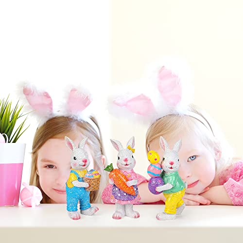 Fovths 3 Pack Resin Easter Bunny Decorations Hand-Painted Easter Eggs Bunny Tabletop Decor Sequin Ornaments Resin Easter Eggs Bunny Spring Indoor Home Decor Bunny Figurines #TOP5