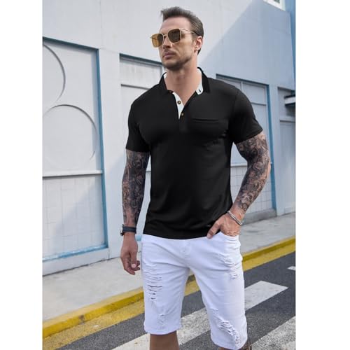 Image of Men's Short Sleeve Polo Shirts Buttons Collared T Shirts with Pocket