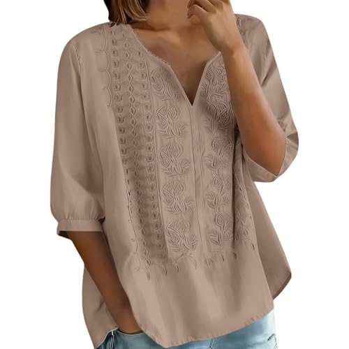 Blusa de lino y algodón bordada bohemia para mujer, manga 3/4, cuello en V, ligera, transpirable, ideal para verano, viajes a la playa y vacaciones, marrón, M