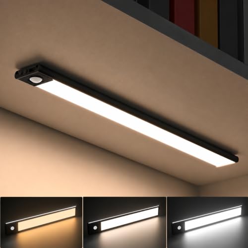 Image of MoonlitDreams Aluminium Rechargeable Motion Sensor Led Light for Wardrobe - 3 Color Modes Magnetic Closet Light with Stepless Dimming for Under Counter| Under Cabinet, Kitchen, Cupboard (Black, 20Cm)