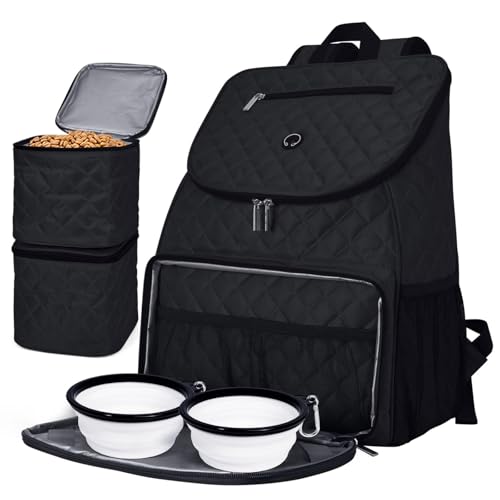 BAGLHER Dog Travel Bag, Airline Approved Pet Supplies Backpack, Dog Travel Backpack with 2 Silicone Collapsible Bowls and 2 Food Baskets, Black