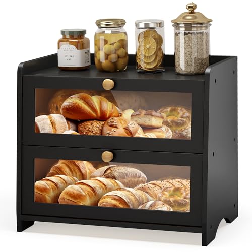 JANSNIMEN Double Layer Bread Box for Kitchen Countertop, Large Breadbox Bread Container Storage with Windows, Wooden Farmhouse Bread Holder (Black)