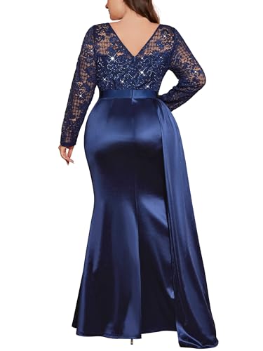 MISSMAY Women's Plus Size Sequins Lace V Neck Long Ruched Satin Slit Mermaid Hem Formal Party Long Dress2