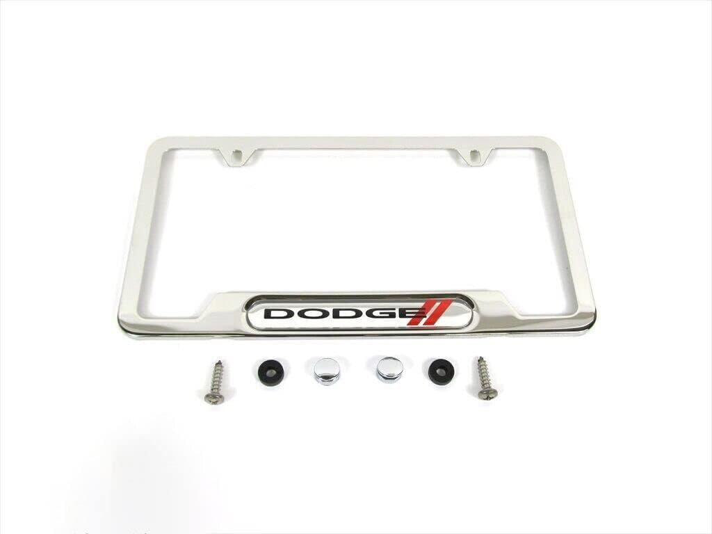 Mopar 82214766 License Plate Frame License Plate Frame, Polished Stainless Steel, Dodge logo, top two attachment holes have Stainless Steel screws with Chrome covers