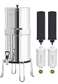FACHIOO Gravity-Fed Water Filter System, NSF/ANSI 42&372 Standard, 3.25G Stainless-Steel Countertop System with 2 Black Elements, 2 Fluoride, Metal Water Level Spigot, Reduces Fluoride and Chlorine